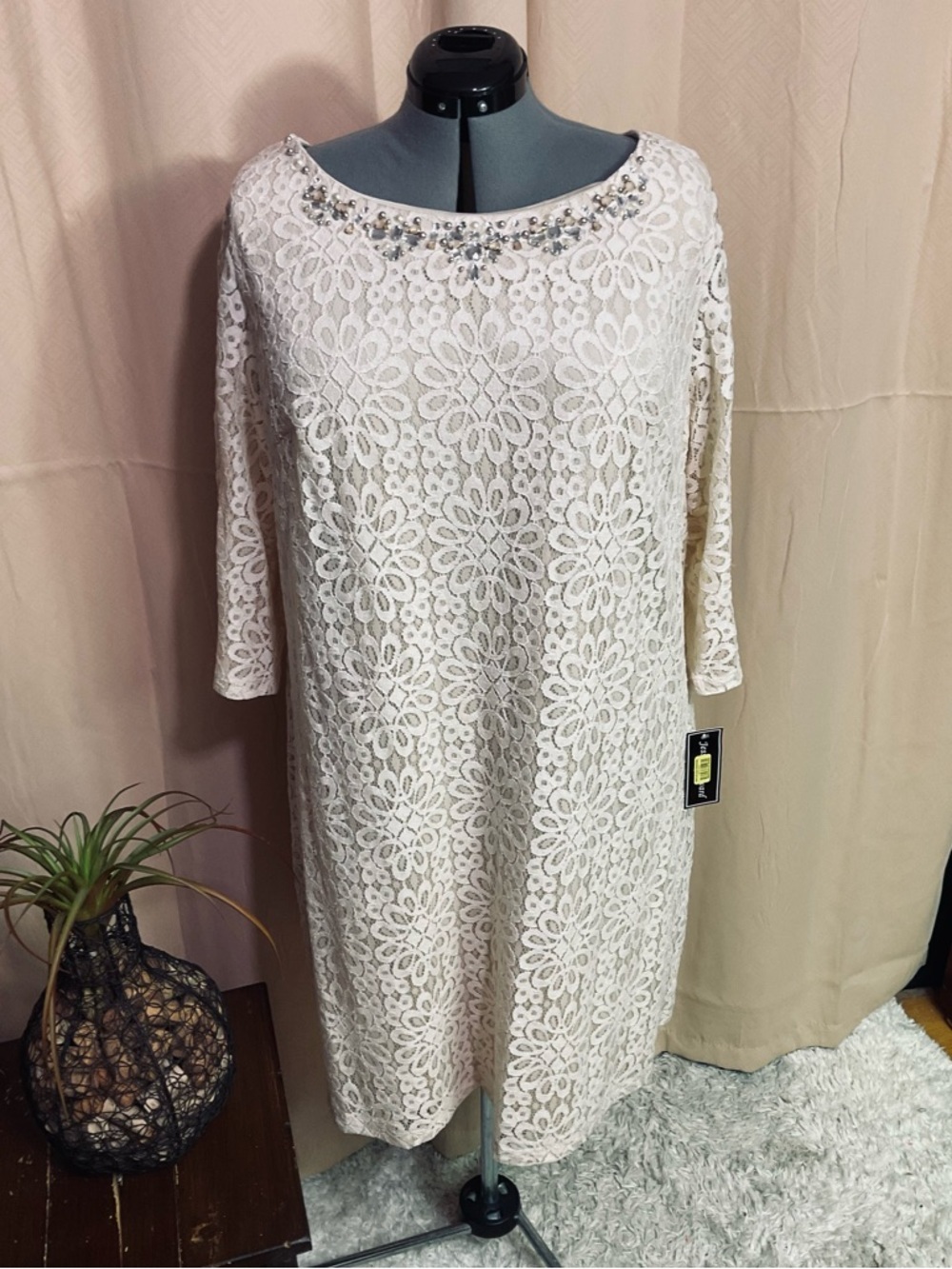 Jessica Howard Champagne ( Cream ) Colored &  Beaded Lace Midi Dress